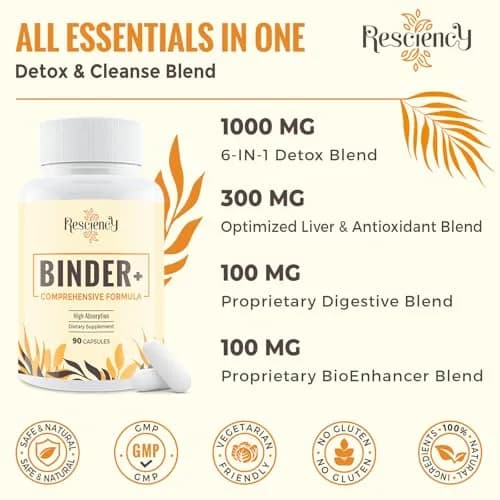 Resciency Detox Binder Supplement - Activated Charcoal, Zeolite, Bentonite Clay | Liver & Gut Support, Max Absorption, 90 Count (Pack of 2) thumbnail 5