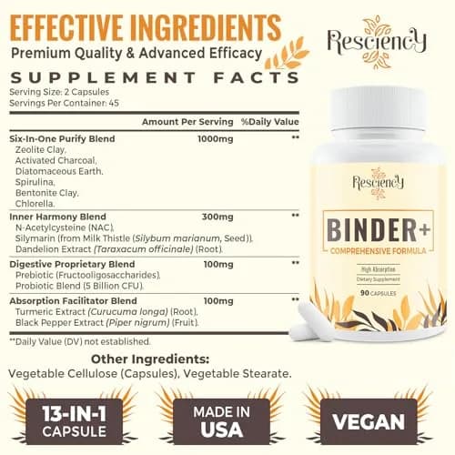 Resciency Detox Binder Supplement - Activated Charcoal, Zeolite, Bentonite Clay | Liver & Gut Support, Max Absorption, 90 Count (Pack of 2) thumbnail 2