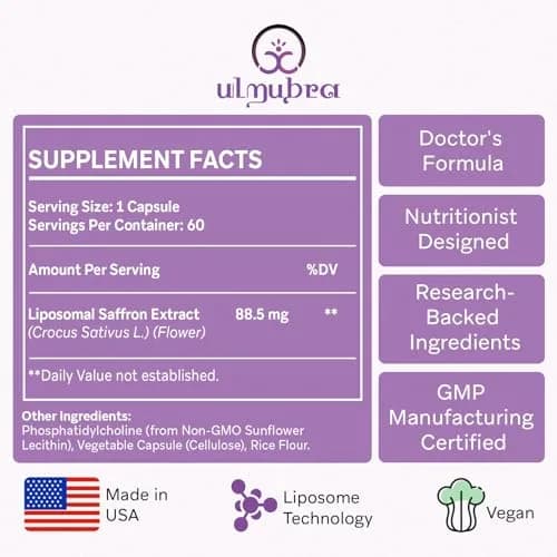 Ulmubra Liposomal Saffron Supplements 88.5 mg | Maximum Absorption for Mood, Energy & Vision - 60 Vegan Capsules thumbnail 2