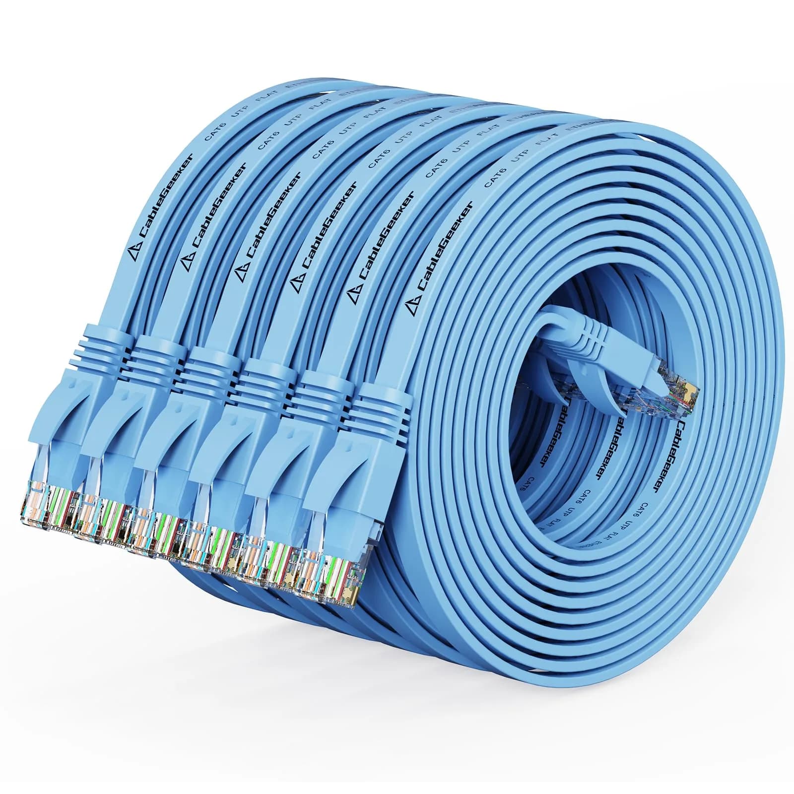 CableGeeker Cat 6 Flat Ethernet Cable 10ft, Blue-Flat, 6 Pack - High Speed Network Cord - main product image