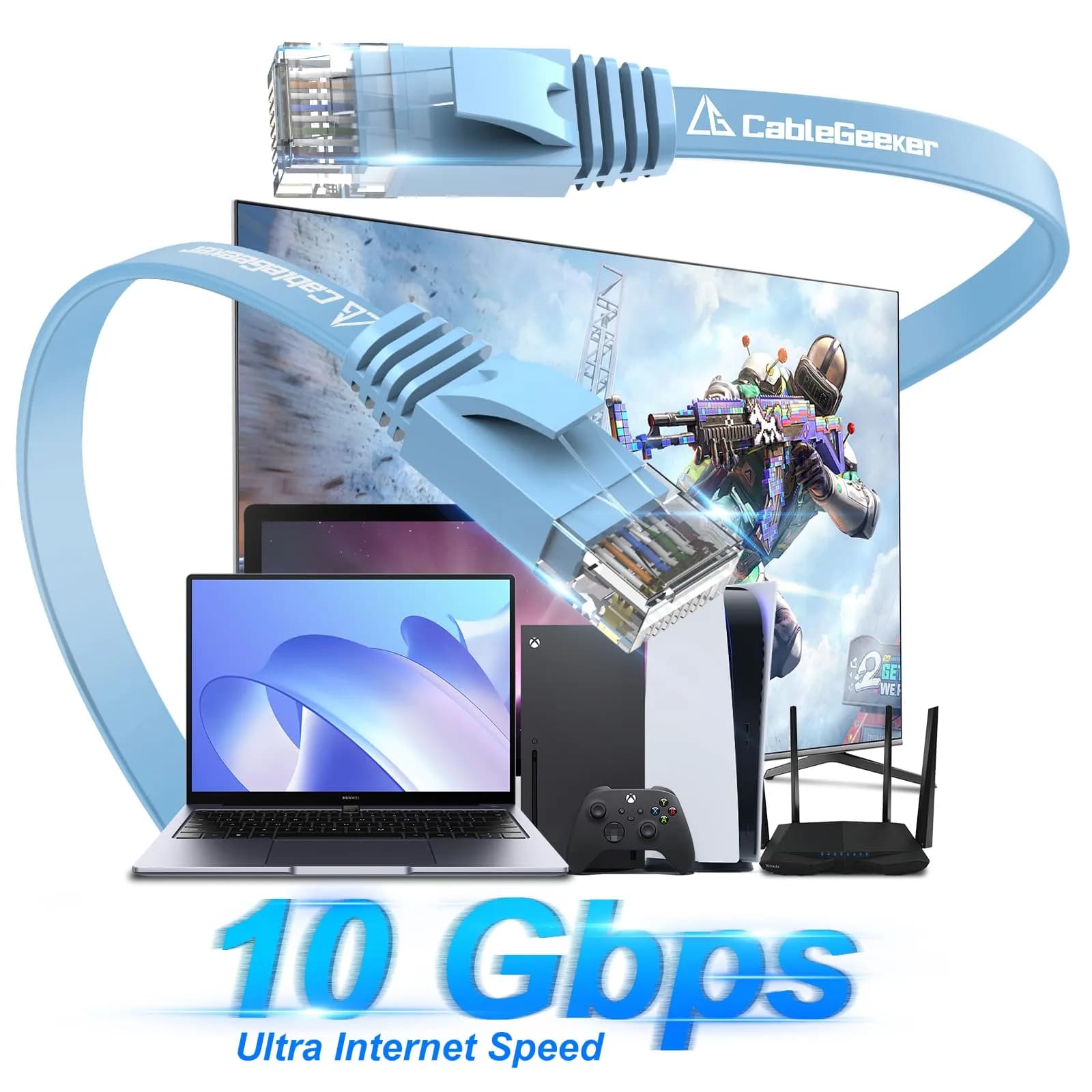 CableGeeker Cat 6 Flat Ethernet Cable 10ft, Blue-Flat, 6 Pack - High Speed Network Cord - view 2