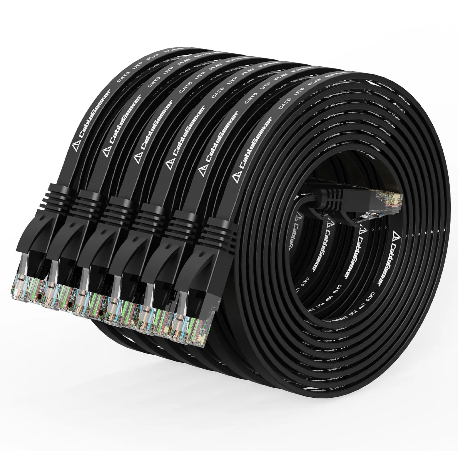 CableGeeker Cat 6 Flat Ethernet Cable 7ft - 6 Pack, Black - main product image