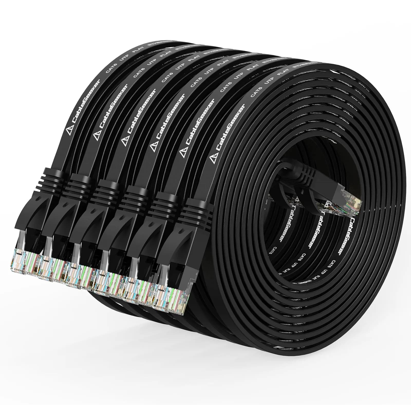 CableGeeker Cat 6 Flat Ethernet Cable 10ft - Black, 6 Pack - main product image