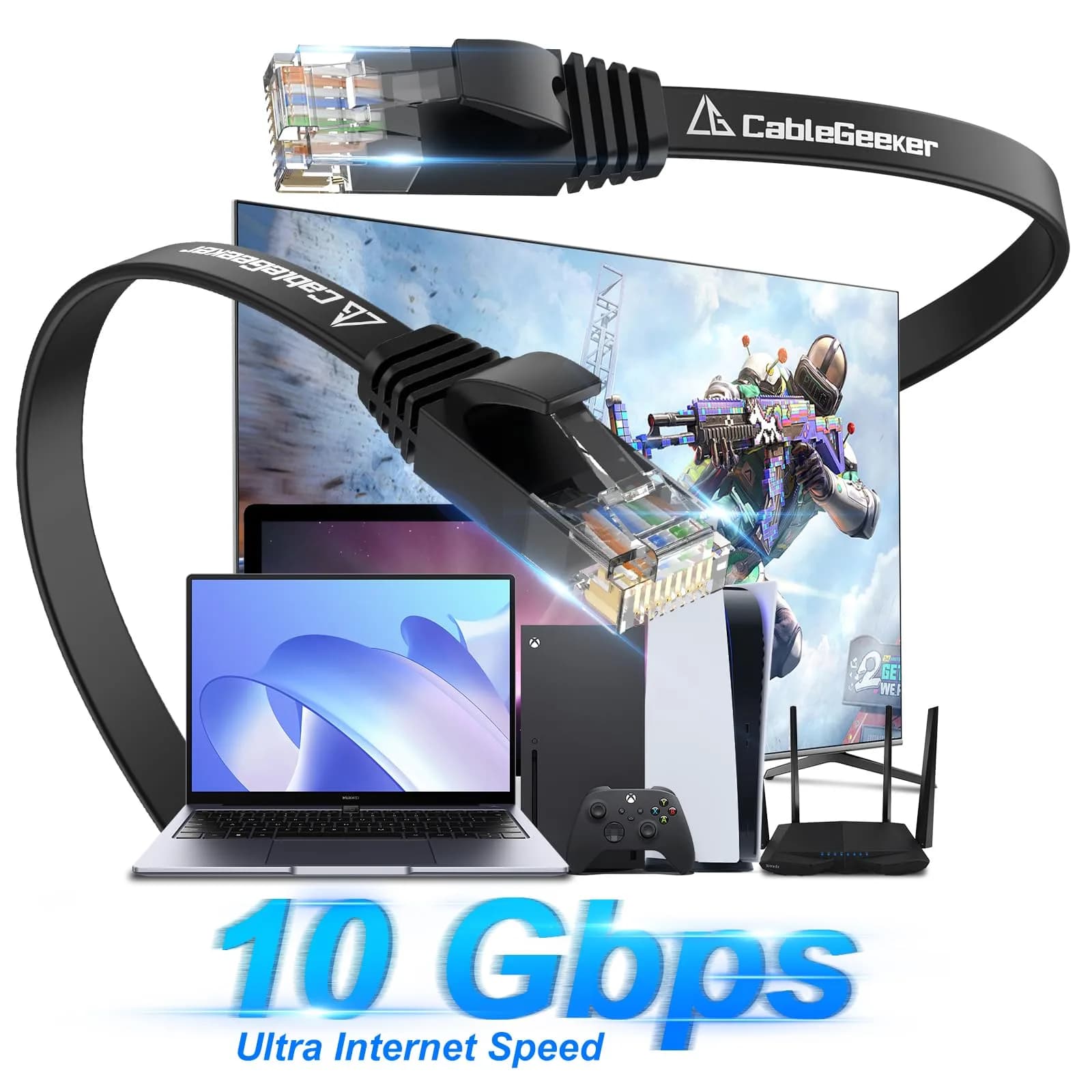 CableGeeker Cat 6 Flat Ethernet Cable 10ft - Black, 6 Pack - view 2