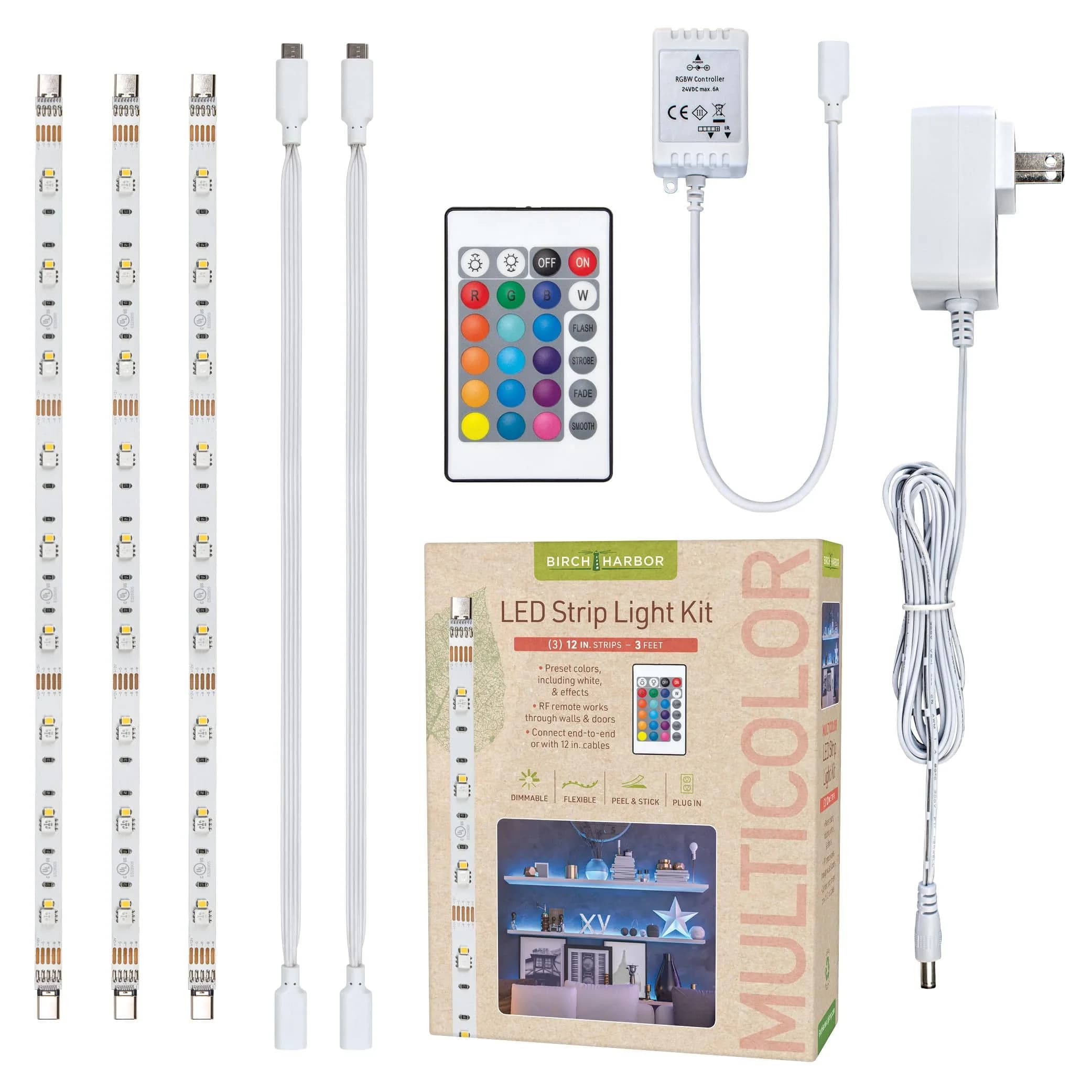 Birch Lighting Multicolor 12" LED Strip Light Kit with Remote | Dimmable, Color Changing, Easy Install