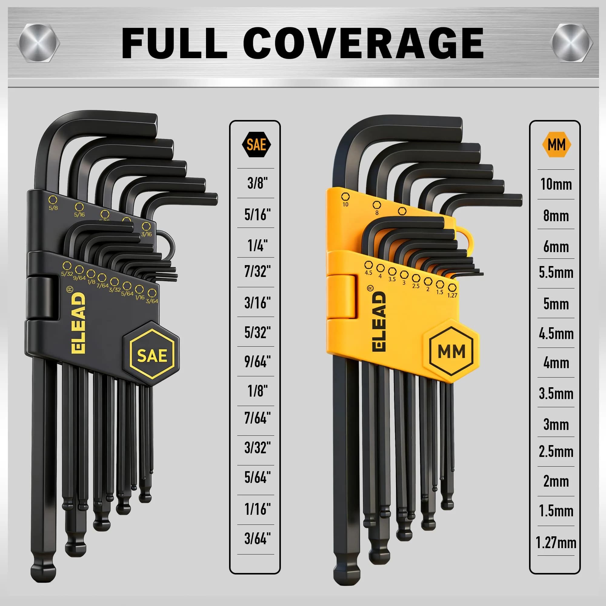 ELEAD 27-Piece Hex Key Allen Wrench Set with Grip Handle, Long & Short Arms, Ball End, Metric & SAE Sizes | Heat-Treated Chrome Vanadium Steel - view 2