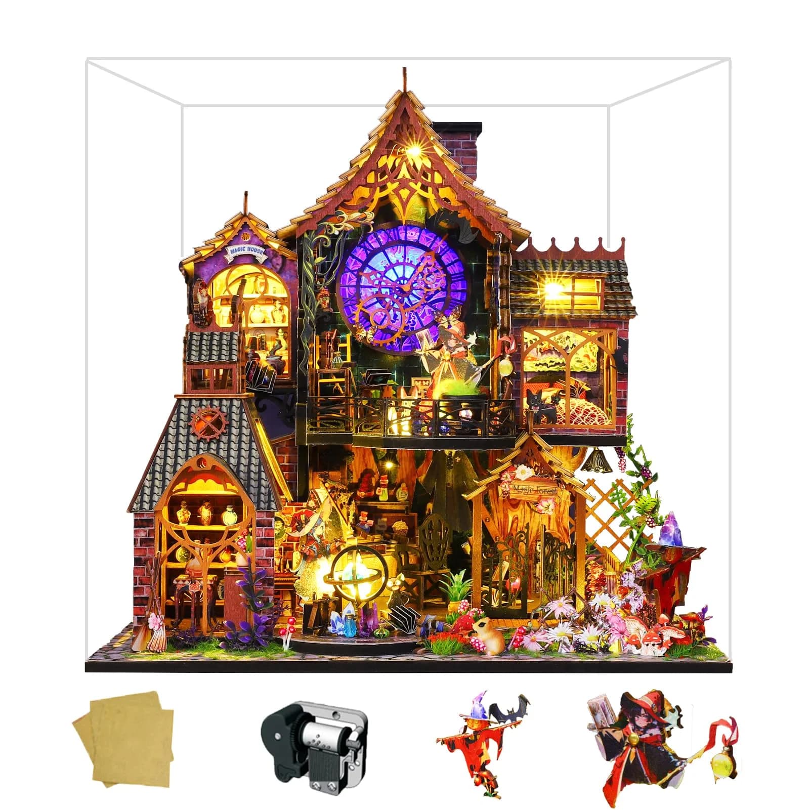 Spilay Dollhouse Miniature with Furniture,DIY Wooden Crafts, 1:24 Scale, Creative Room Idea Gift for Adults & Kids — Magic Forest With Dust Cover Music Box