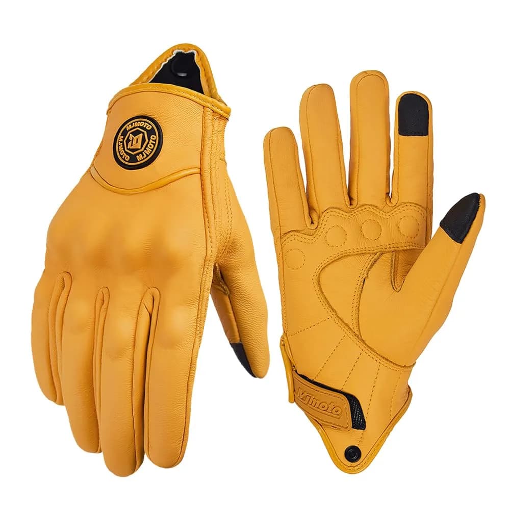 mjmoto Men's Classic Goat Leather Motorcycle Gloves, Hard Knuckle Vintage Riding Gear (Yellow, Large) | Impact-Resistant & Ventilated