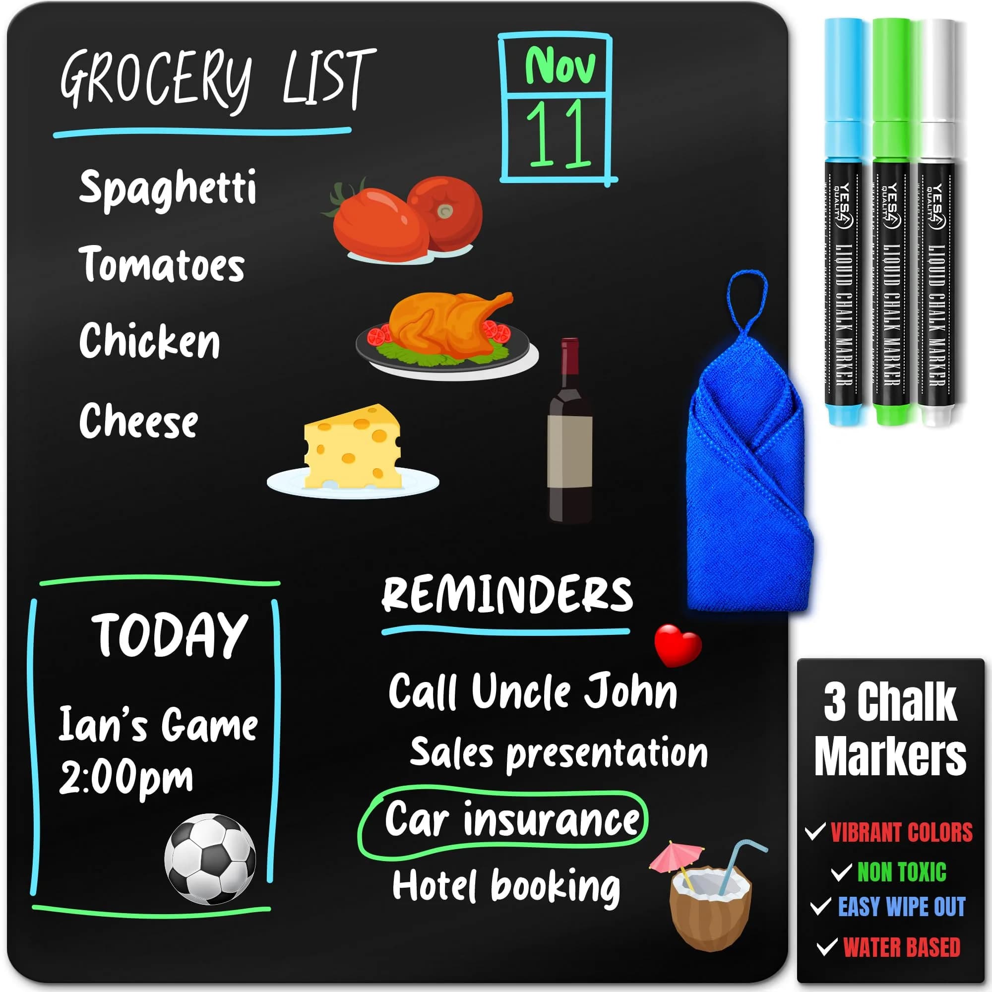 YES4QUALITY Magnetic Black Dry Erase Board 12x8 inches | Easy-Erase Surface & Bright Markers — Black