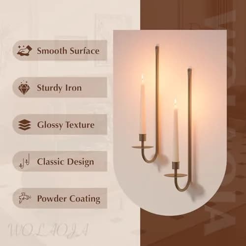 WOLAOJA Metal Wall Candle Sconce Set of 2 Brass Wall Mount Candle Holders | Modern & Farmhouse Decor thumbnail 3