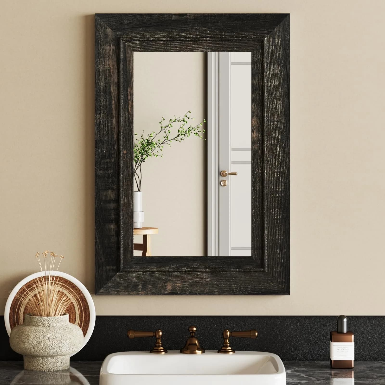 ALBAD Rustic Wall-Mounted Vanity Mirror 26"L x 18"W | Farmhouse Style, Durable MDF, Moisture-Resistant — Antique White / 40"L x 25"W