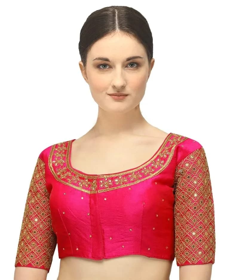 Pujia Mills Women's Silk Floral Half Sleeve Blouse Pink 36 | Festive Wear with Embroidery thumbnail 3