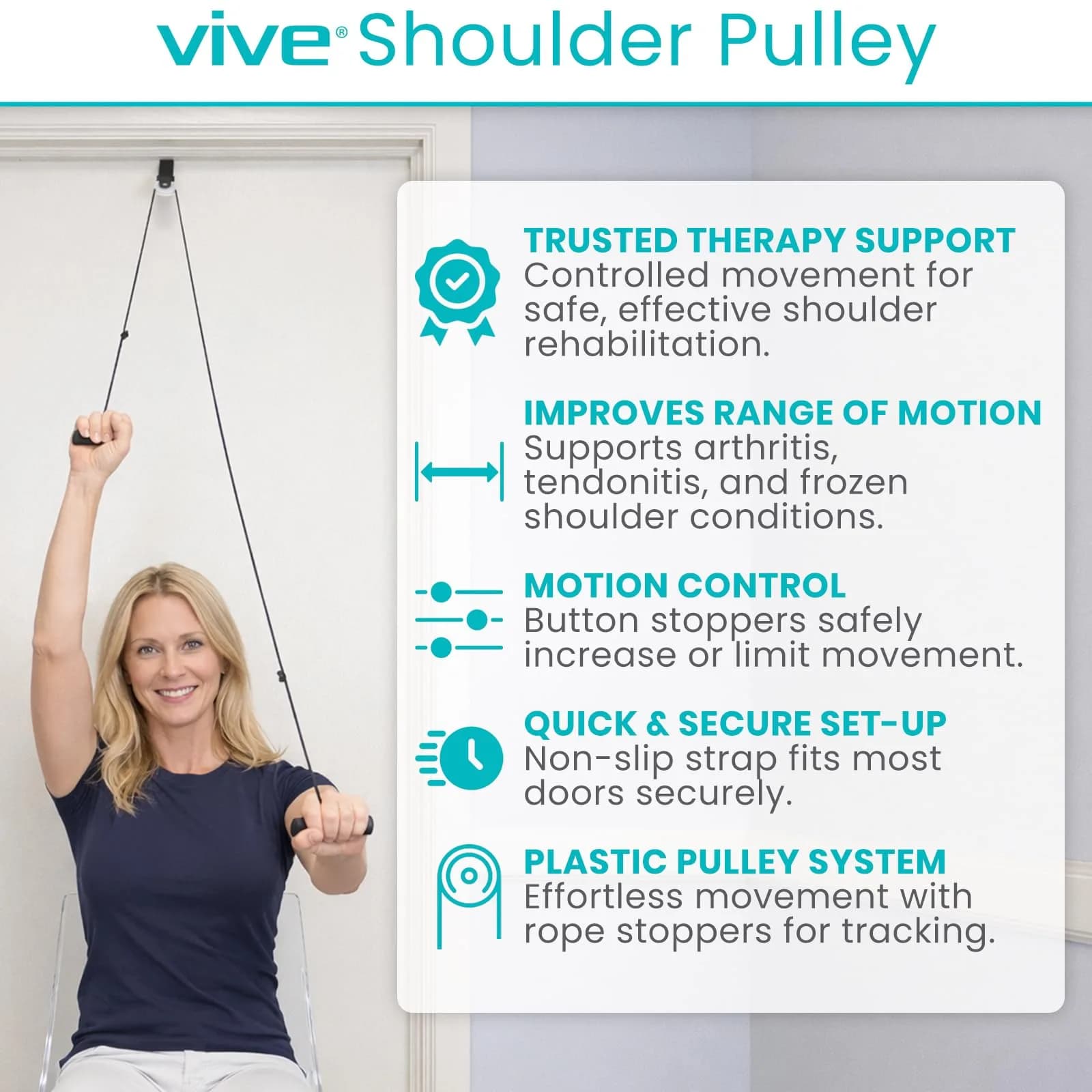 Vive Shoulder Pulley for Physical Therapy - Over the Door Pulley for Frozen Shoulder Rehab | 0.1 kg (0.22 lb) - view 2