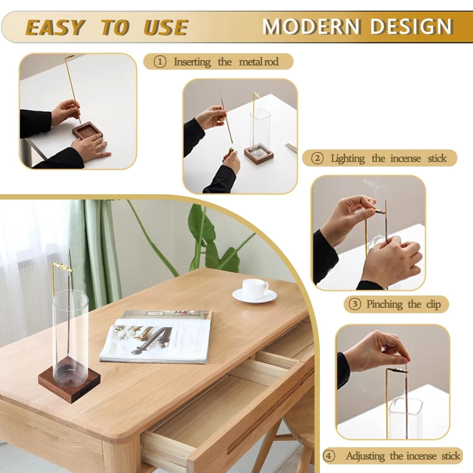 CEREMONY Wooden Incense Holder with Glass Ash Catcher & 20 Sticks | 9.7cm (3.9in) Round Base - view 2