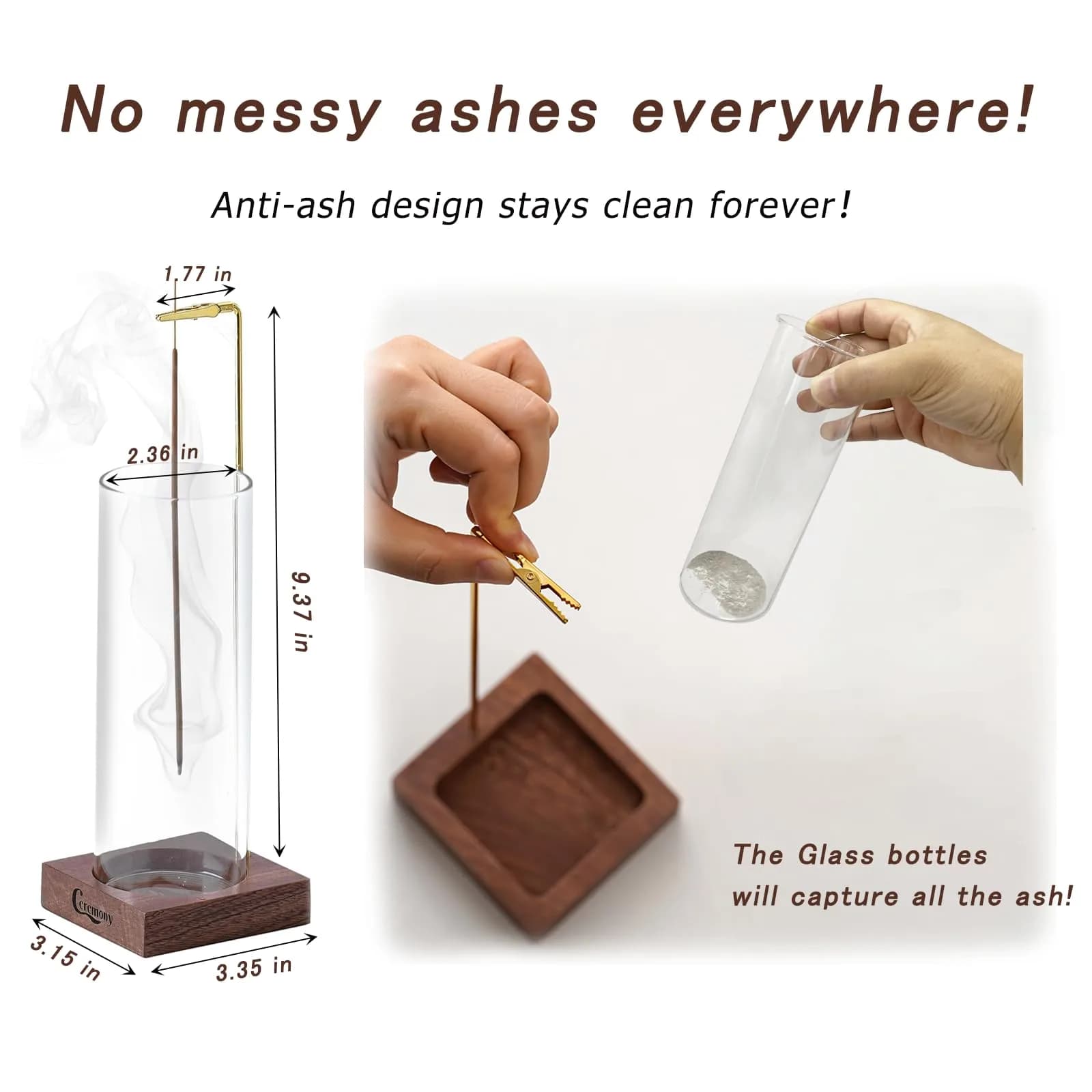 CEREMONY Wooden Incense Holder with Glass Ash Catcher & 20 Sticks | 9.7cm (3.9in) Round Base - view 3