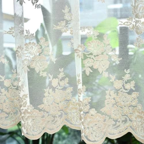 Kotile Beige Lace Valance Curtain for Kitchen Window 52 x 18 Inch | Vintage Floral Sheer Window Topper thumbnail 5
