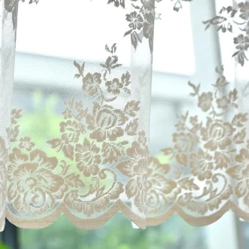 Kotile Beige Lace Valance Curtain for Kitchen Window 52 x 18 Inch | Vintage Floral Sheer Window Topper thumbnail 6