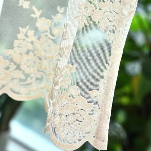 Kotile Beige Lace Valance Curtain for Kitchen Window 52 x 18 Inch | Vintage Floral Sheer Window Topper thumbnail 7