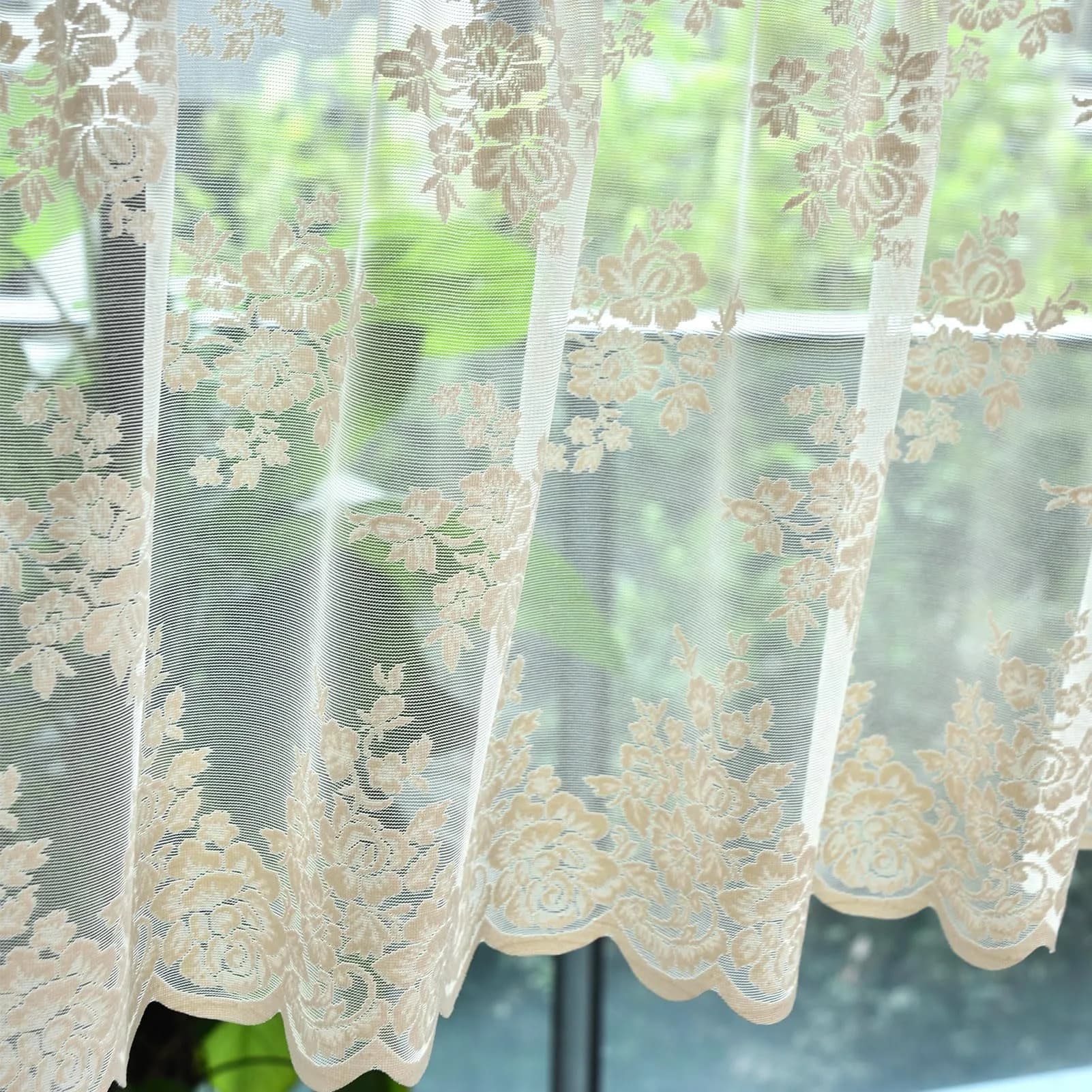 Kotile Beige Lace Valance Curtain for Kitchen Window 52 x 18 Inch | Vintage Floral Sheer Window Topper
