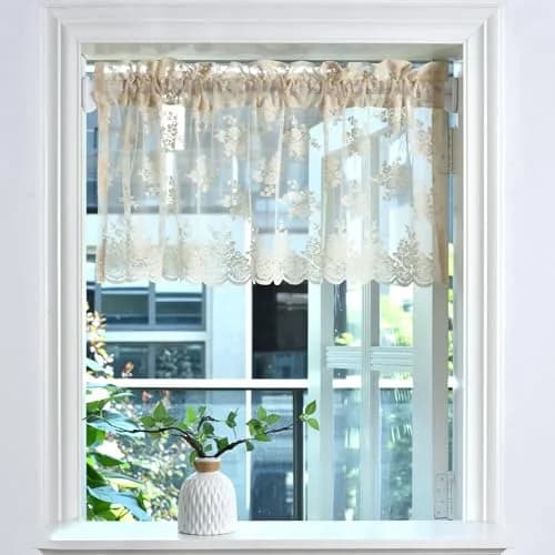 Kotile Beige Lace Valance Curtain for Kitchen Window 52 x 18 Inch | Vintage Floral Sheer Window Topper thumbnail 2