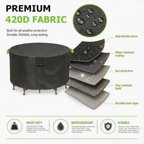 TIFILE Round Patio Furniture Cover 64" Dia x 27.5"H (163cm Dia x 70cm H) | Waterproof Outdoor Table Cover for Indian Monsoons thumbnail 5