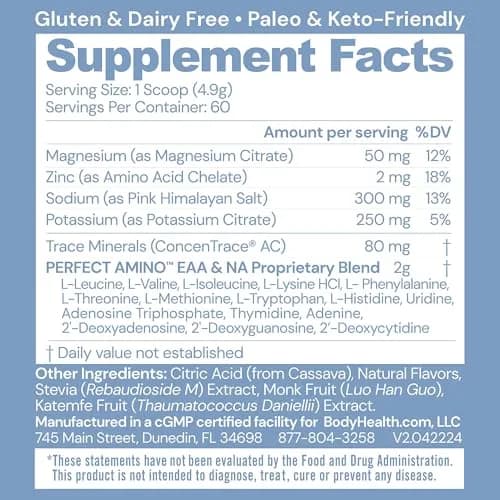 BodyHealth PerfectAmino Electrolytes Powder No Sugar | Hydration & Muscle Recovery for Adults thumbnail 2