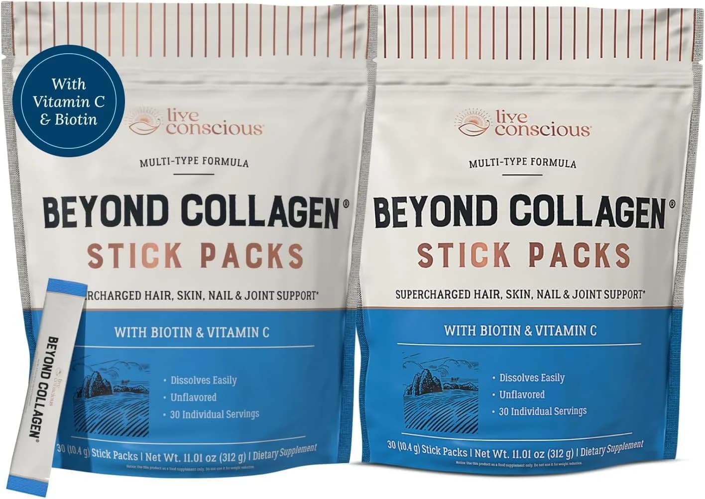 Live Conscious Beyond Collagen Peptides Powder Packets (60 Count) | 5 Types of Collagen for Hair, Skin, Nails & Joints - main product image