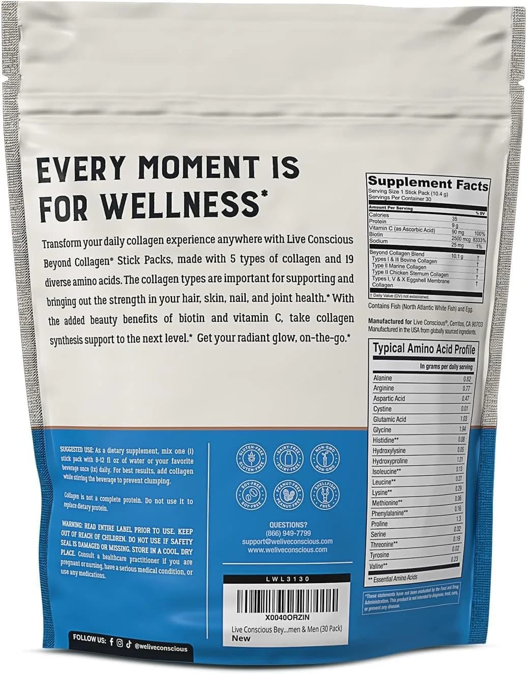 Live Conscious Beyond Collagen Peptides Powder 60 Count (2 Pack) | Hair Skin Nail & Joint Support with 5 Types of Collagen - view 7