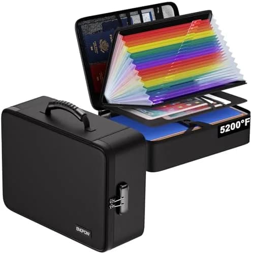 ENGPOW Fireproof Document Box with Lock & 25 Pockets Accordion File Folder, 43.7cm x 32.3cm x 6.5cm (16.1" x 12" x 5.1") | Protects Valuables in Fire & Flood - main product image