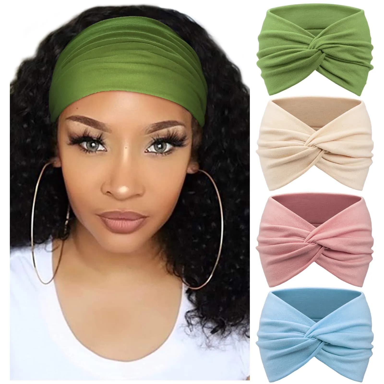 AQOKKA Extra Wide Turban Headbands for Women | 4-Pack Boho Elastic Hairband Accessories - main product image