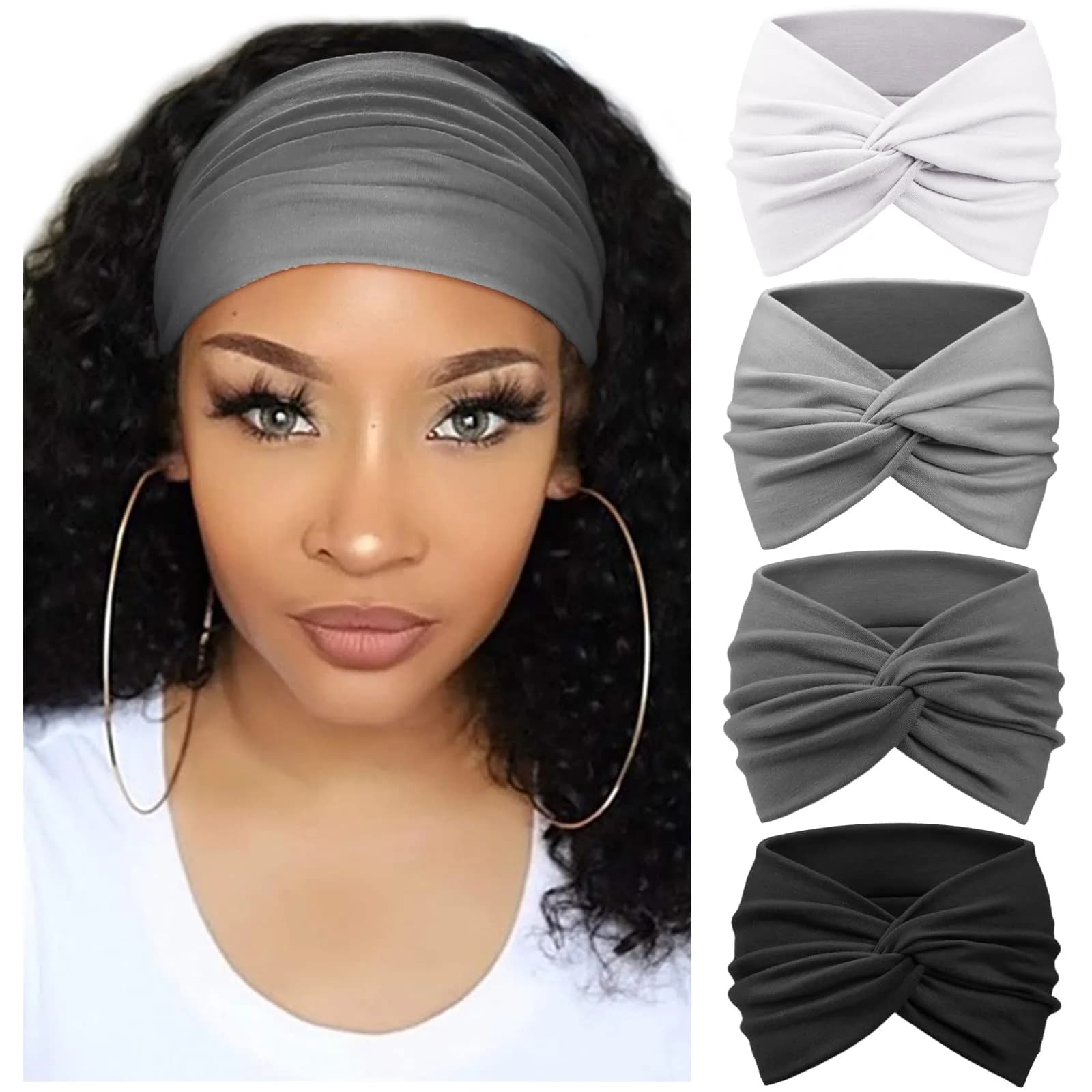 AQOKKA Extra Wide Headbands for Women Large Turban Headband Non Slip Boho Elastic Hairband Hair Twisted Knot Head Bands Accessories (4 Count, Set B) — White, Dark, Grey, Dark Grey