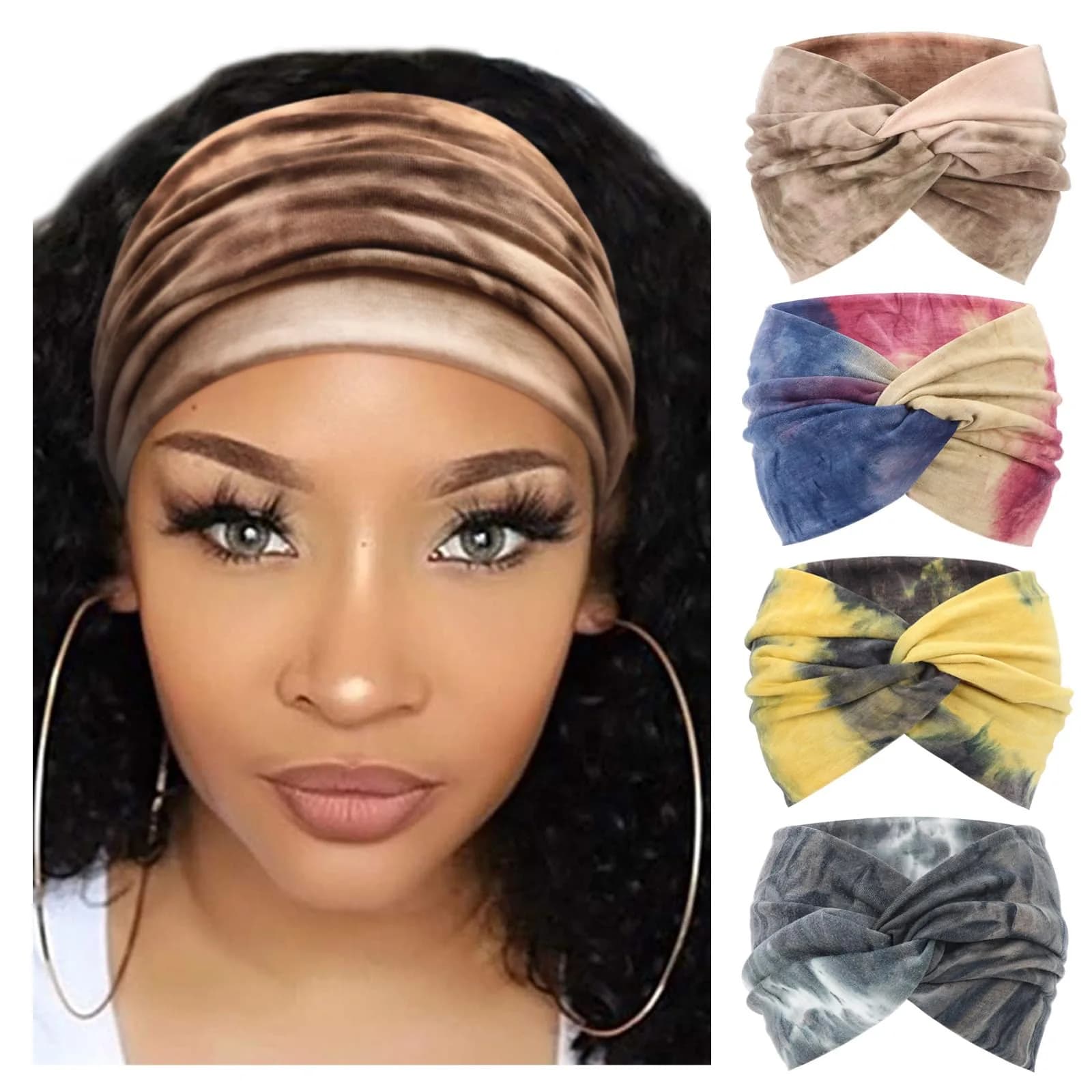 AQOKKA Extra Wide Headbands for Women Large Turban Headband Non Slip Boho Elastic Hairband Hair Twisted Knot Head Bands Accessories (4 Count, Set B) - main product image