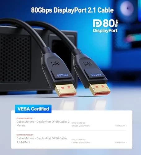 Cable Matters VESA Certified 80Gbps DisplayPort 2.1 Cable 1.5m (4.9ft) | Supports 16K 60Hz, 8K 240Hz, 4K 240Hz thumbnail 2