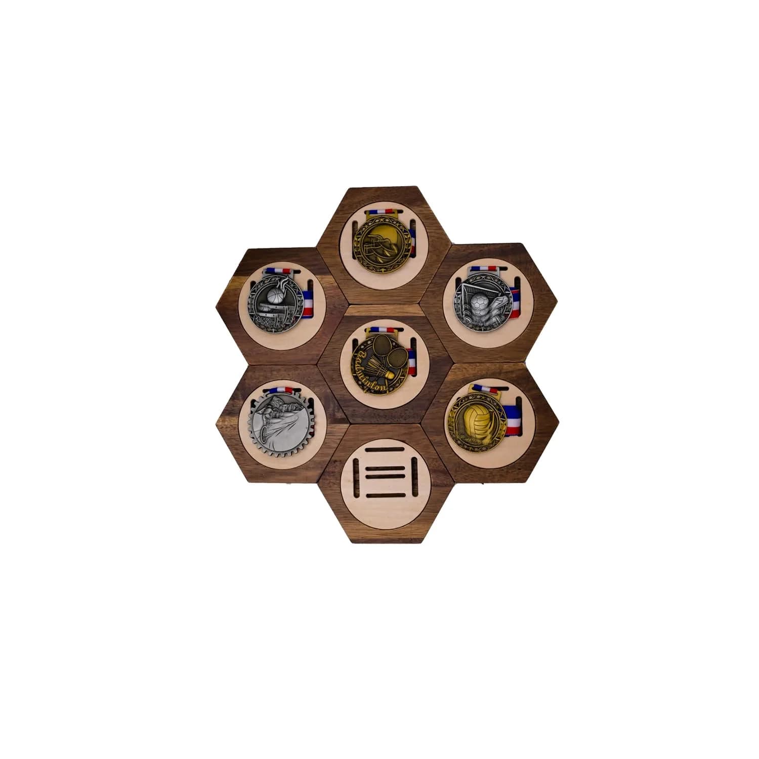 Suwyaner Hexagon Honeycomb Medal Display Hanger Rack - 7pc Wooden Wall Decor