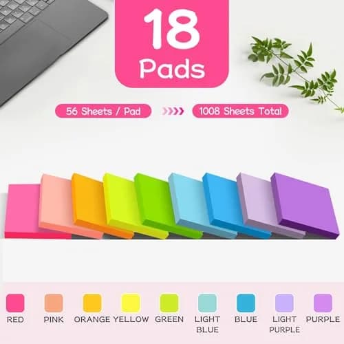 YEECOK Sticky Notes 3x3 inch, 18 Pads, 1008 Sheets Total | Bulk Pack Self-Stick Note for Students & Office thumbnail 2