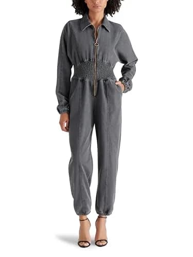 Steve Madden Apparel COYA DENIM JUMPSUIT, Black, Large | Relaxed Fit with Collared Neck thumbnail 1