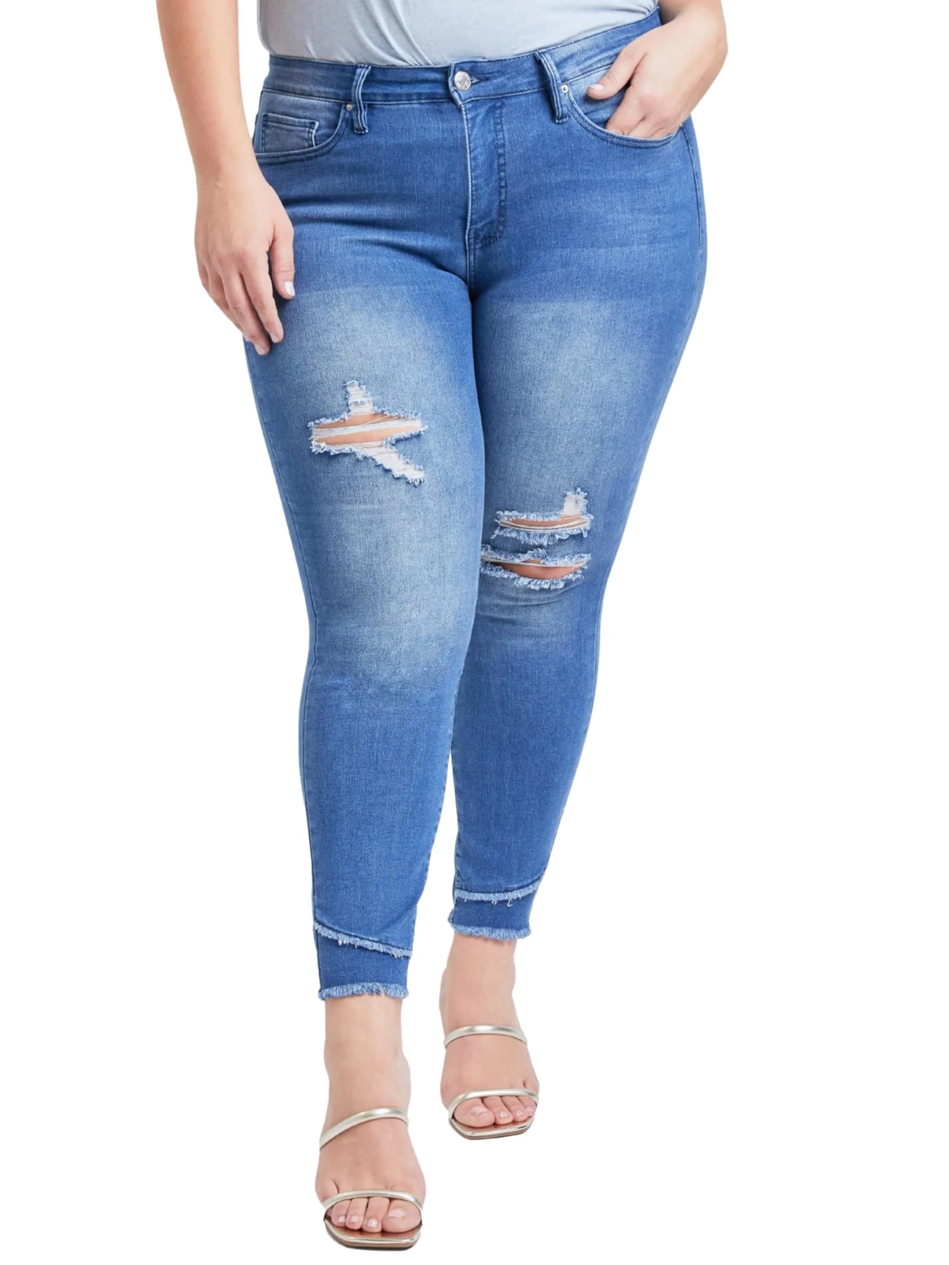 Royalty For Me Women's Plus Size Sustainable High Rise Skinny Ankle Jeans | Eco-Friendly, Slim Fit, 14W — Medium Blue Rips