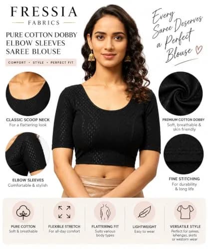 Fressia Fabrics Round Neck Saree Blouse 4XL | Pure Cotton, Stretchable, Elbow Sleeve thumbnail 3