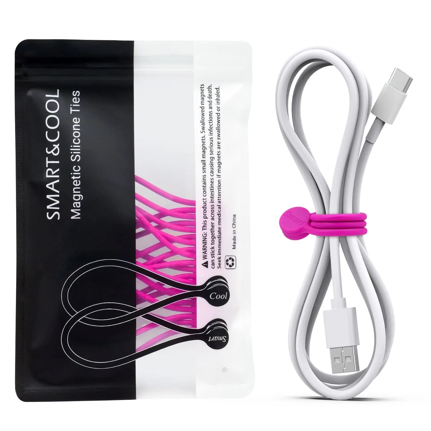 Smart&Cool Reusable Silicone Magnetic Cable Ties Pink 10-Pack | Organize & Secure Cords - main product image