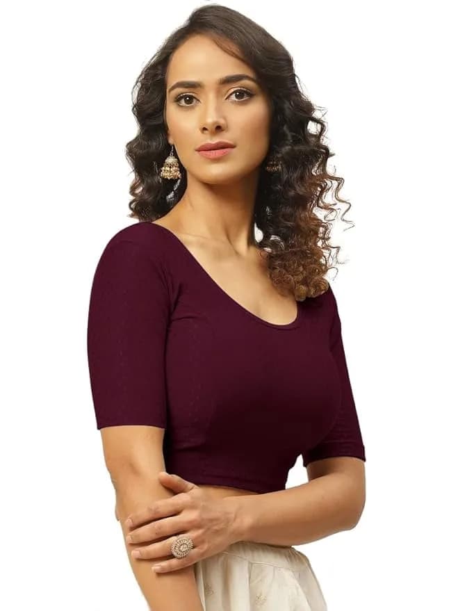 Fressia Fabrics Round Neck Pure Dobby Cotton Stretchable Elbow Sleeve Saree Blouse 208_burgundy 4XL | Stylish & Fully Stitched thumbnail 5