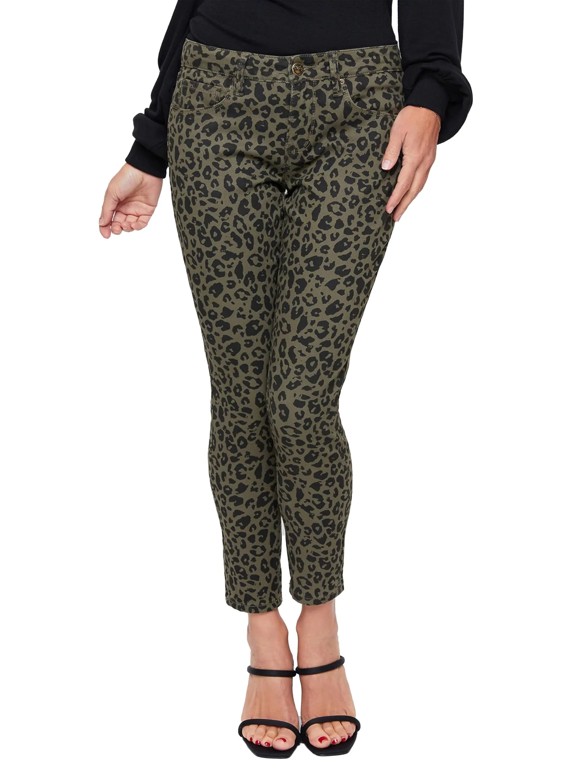 Royalty For Me Women's Mid Rise Animal Print Ankle Jean, Olive Black Leopard, 12 | Trendy Animal Print Fit