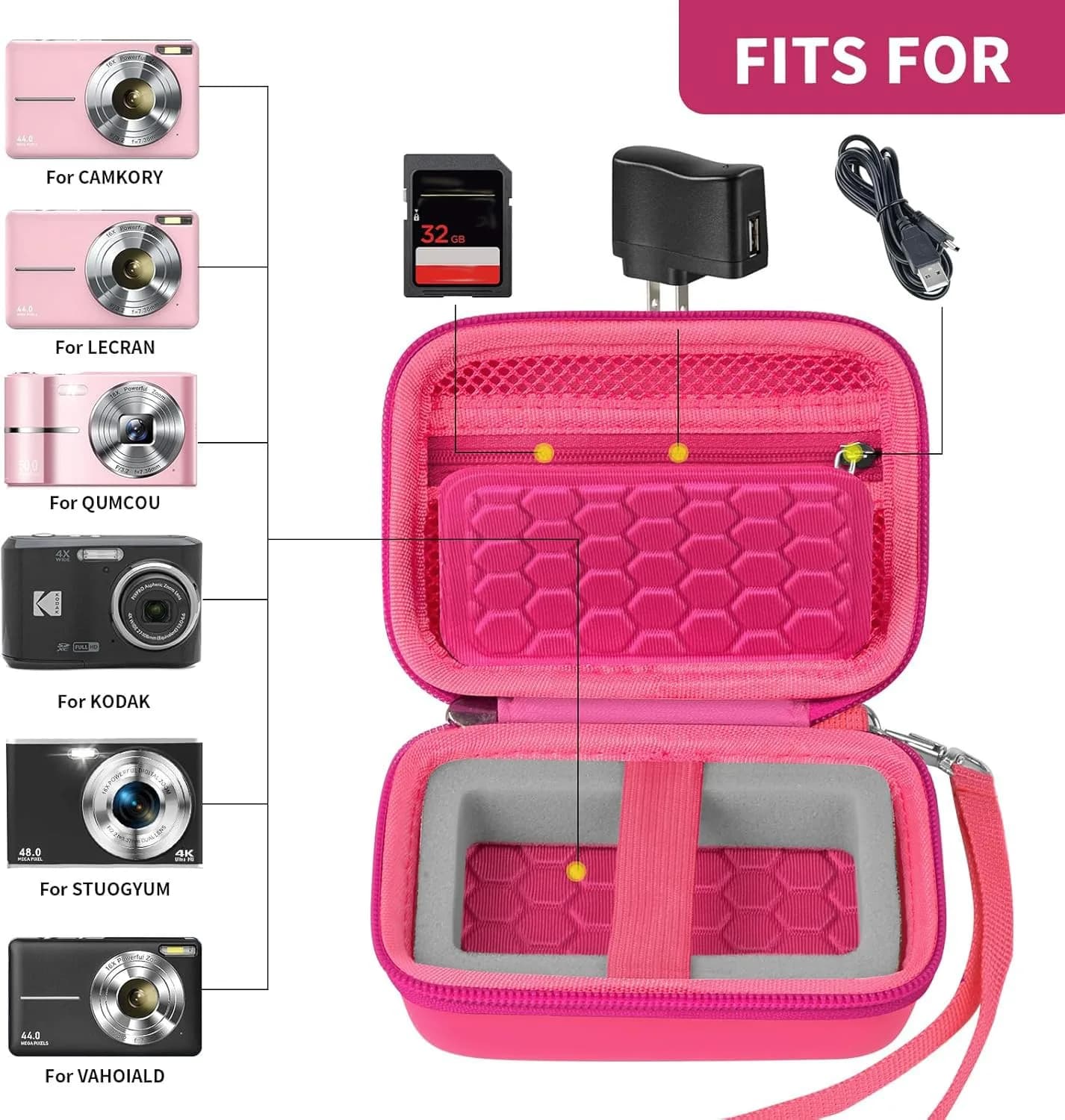 Comecase Digital Camera Case for Kodak PIXPRO FZ45 FZ55, Bright Pink, 12.5cm (4.9in) | Protects Small Cameras Up To 11cm x 7cm x 5.8cm - view 2
