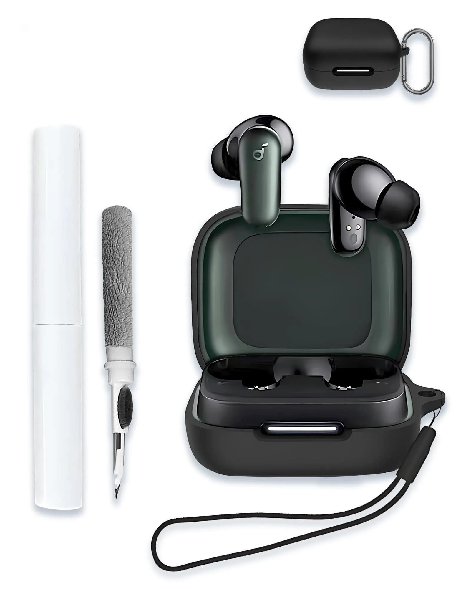 WUNIAK Black Silicone Case for Soundcore by Anker P30i Earbuds | Protective Portable Scratch Shock Resistant Hard Shell with Cleaner Kit & Carabiner & Lanyard — Black