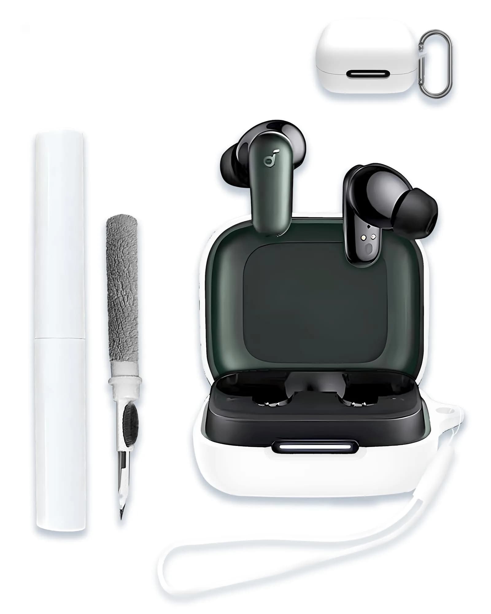 WUNIAK White Silicone Case for Soundcore by Anker P30i Earbuds | Protective Scratch Shock Resistant Hard Shell with Cleaner Kit & Carabiner & Lanyard — White