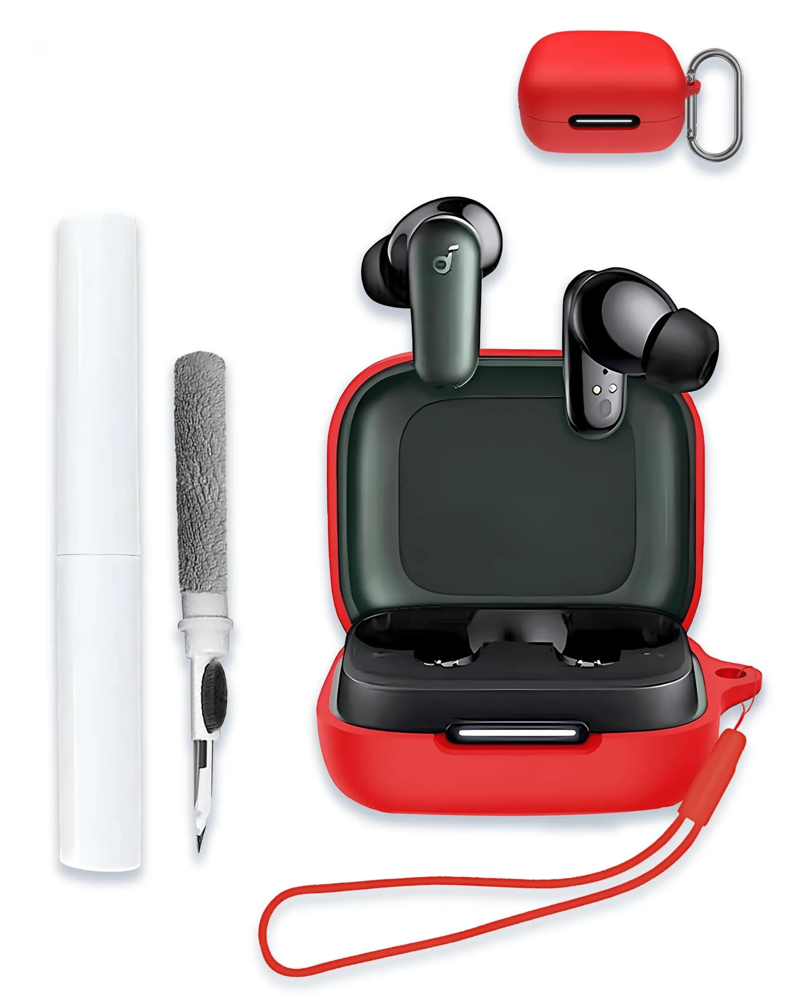 WUNIAK Red Silicone Case for Soundcore by Anker P30i Earbuds | Protective Portable Scratch Shock Resistant Hard Shell with Carabiner & Cleaner Kit - main product image