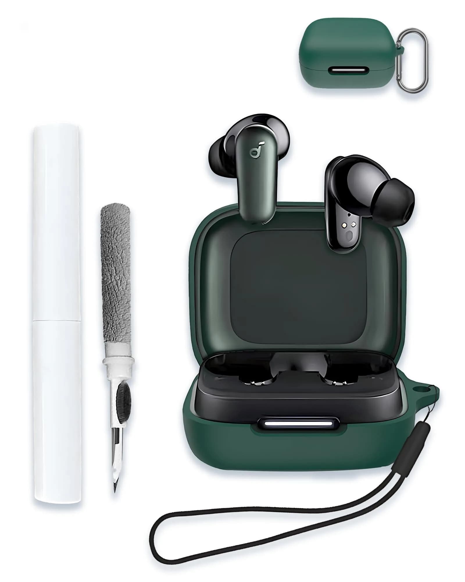 WUNIAK Green Silicone Case for Soundcore by Anker P30i Earbuds | Protective Portable Scratch Shock Resistant Hard Shell with Carabiner & Lanyard — Green