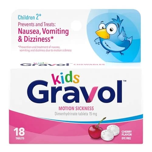 Gravol Kids Chewable Tablets, Cherry Flavor, 18ct | Fast Motion Sickness Relief for Children thumbnail 1