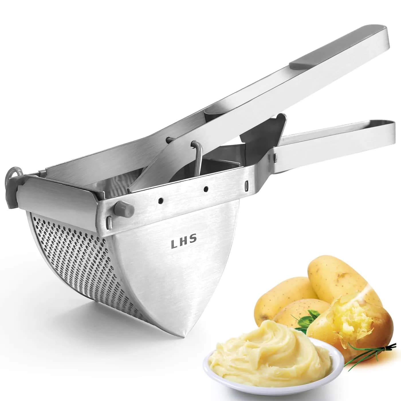 LHS Stainless Steel Potato Ricer and Masher - Heavy Duty Food Masher with Ergonomic Grip, Extra Large Capacity, Dishwasher Safe (Gray) - main product image