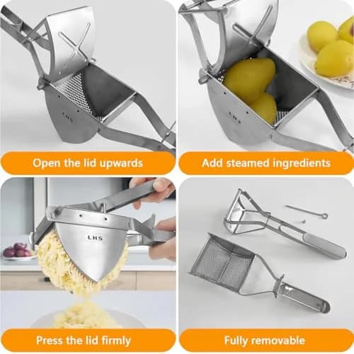 LHS Stainless Steel Potato Ricer and Masher, Heavy Duty Commercial Food Masher, Ergonomic Comfort Grip, Extra Large Capacity, Dishwasher Safe (Grey) | 0.6 kg (1.32 lb) thumbnail 5