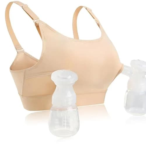 ENSDOAR Hands Free Pumping Bra with Adjustable Straps, Beige, Small | Comfortable Cotton Blend for Nursing & Pumping — Large / Beige